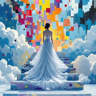 The primary subject of the image is a woman dressed in a white gown, standing on a staircase. She appears to be the main focus of the scene. The setting is a colorful and artistic environment, with a backdrop of a painting featuring a staircase. The visual style of the image is a combination of photo and digital art, creating a unique and vibrant atmosphere. The colors and mood of the image are predominantly white and light, with a touch of vibrancy from the colorful